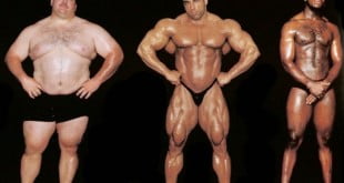 Fat guy next to body builders